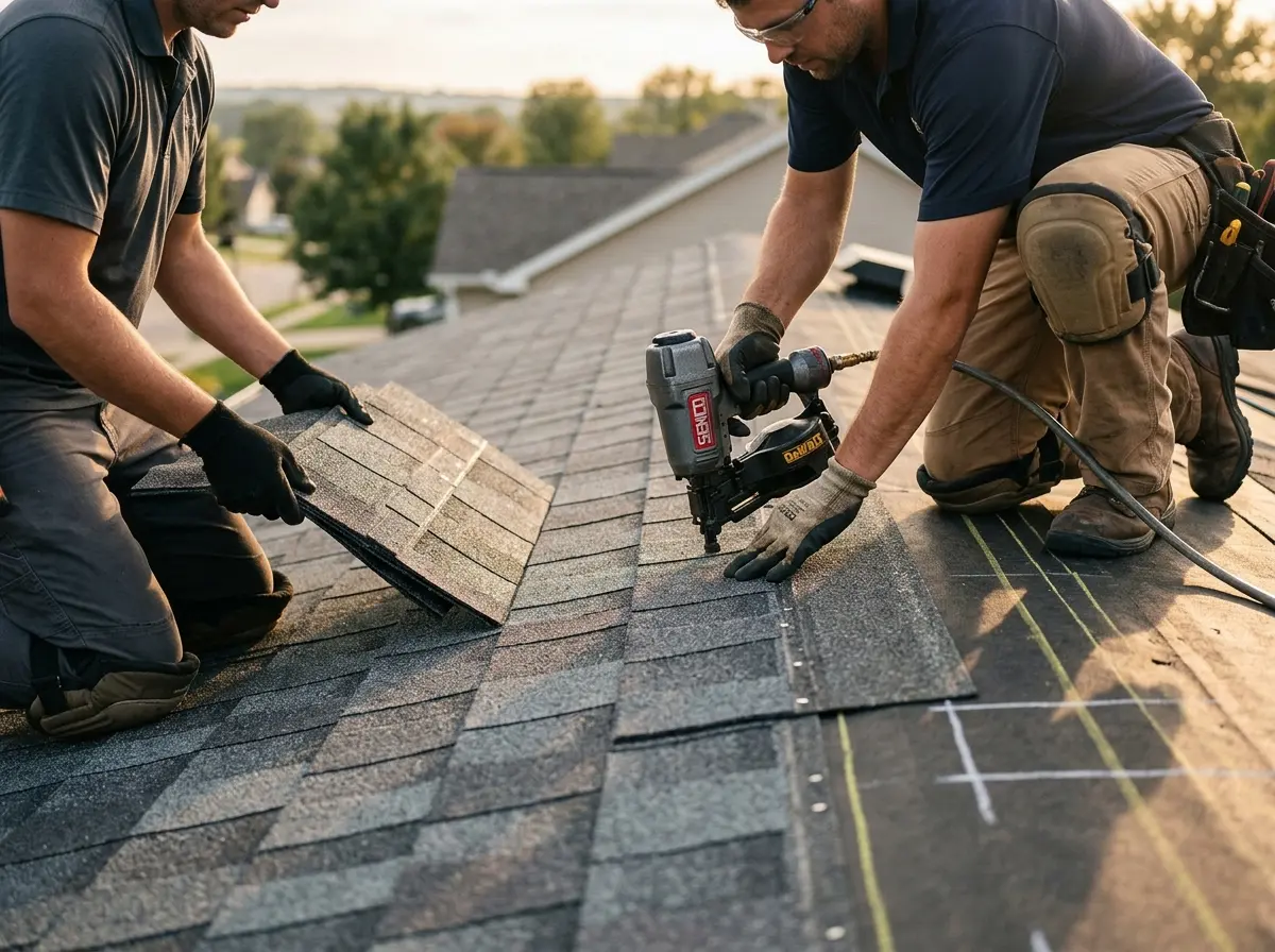 Professional roofer working on a residential roof in West View